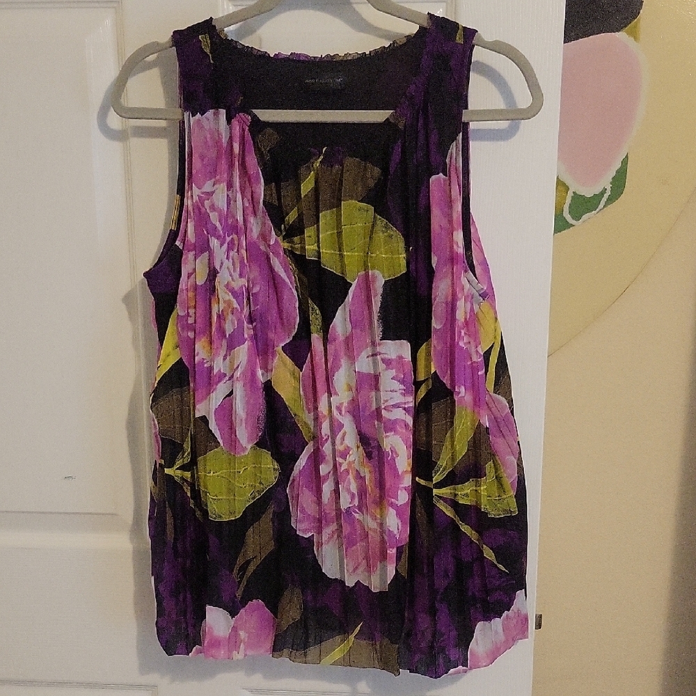 Worthington Elegant Floral Lined Sleeveless Blouse - Purple Pink Elastic neck